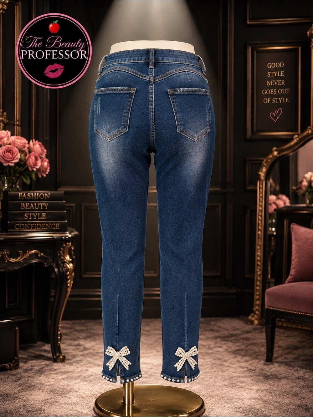 Pearl Bow Rhinestone Stretch Jeans Women’s 10 12 Ankle Slit Embellished Denim